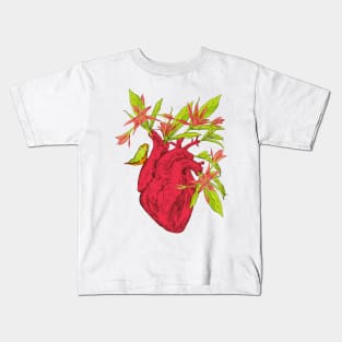 heart with flowers, leaves and birds Kids T-Shirt